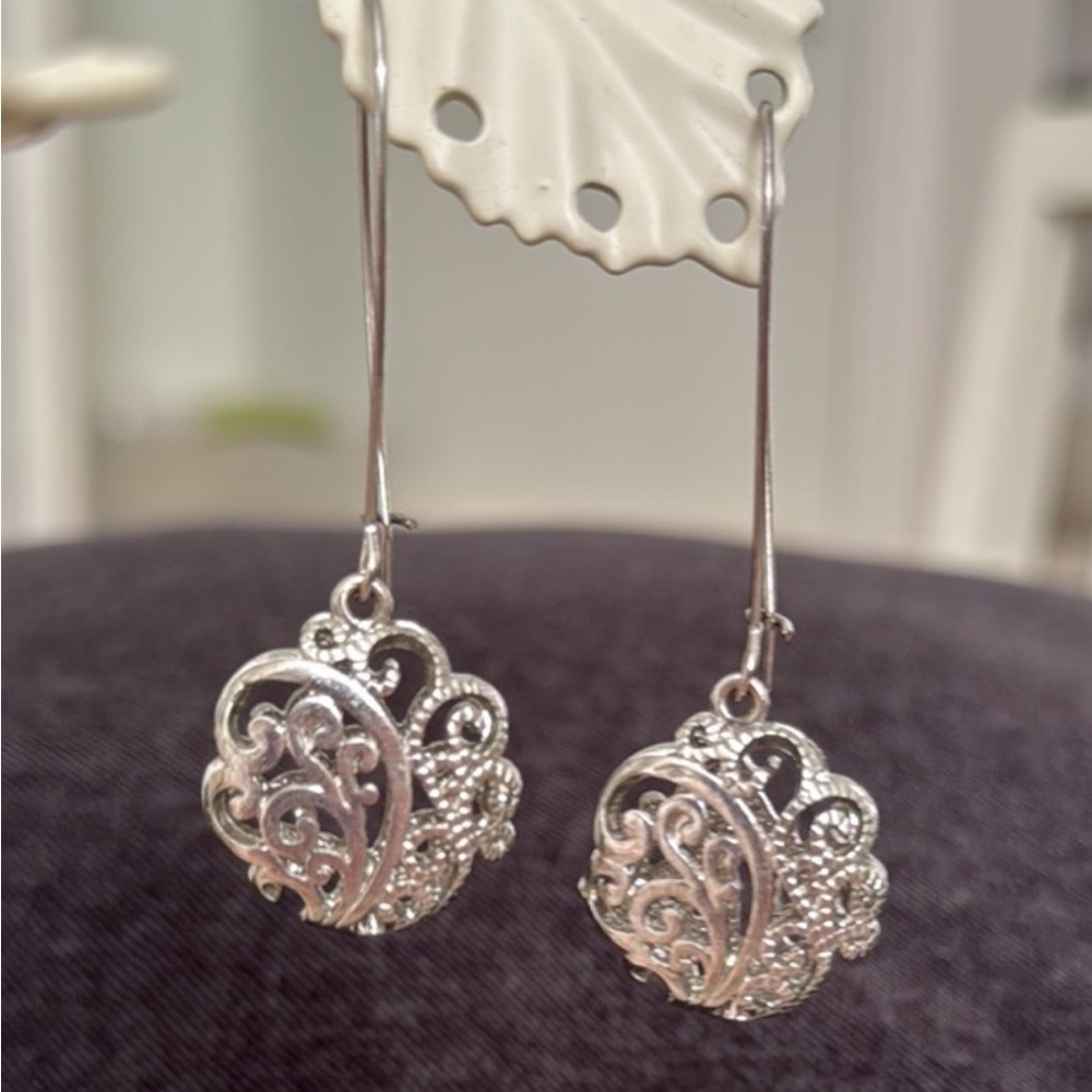 Vintage Hallow Circular Oblong Hook Tibetan Silver Earrings With Silver Post